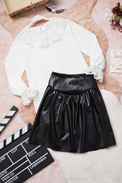 Cansın Mini Kız Çocuk Deri Etekli Dantel Detay Bluzlu Takım 15413