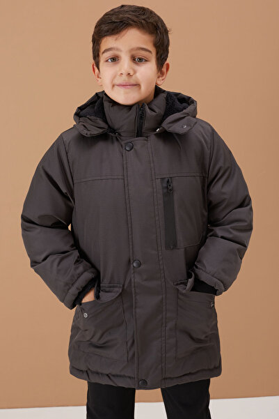 Cansın Mini Boy's Coat - Smoked, Furry Hood, Zipper Detail, Chest Pocket - 19098