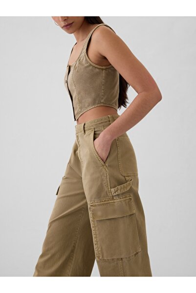 GAP Kadın Koyu Bej Low Rise Baggy Kargo Khaki Pantolon