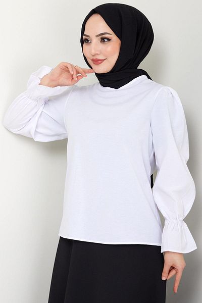 hafsamina White Elastic Sleeve Blouse - HM2417