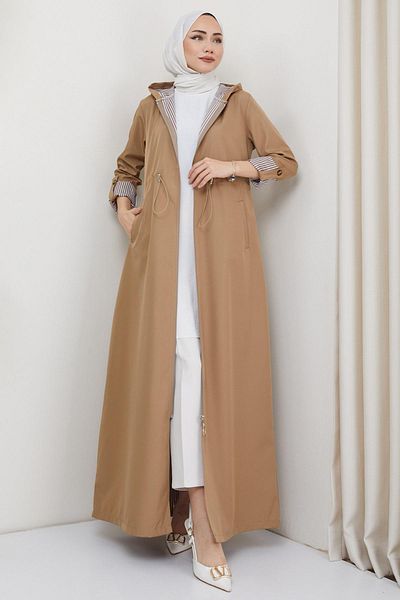 hafsamina Hooded Striped Long Trench Coat Mink HM2332