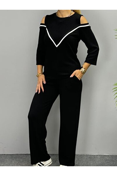 Nnstartshopping Women's Imported Twist Fabric Long Sleeve Shoulder Low-Cut Blouse and Trousers Double Set