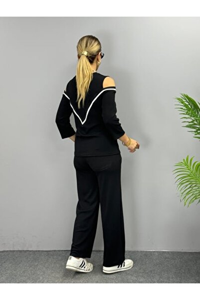 Nnstartshopping Women's Imported Twist Fabric Long Sleeve Shoulder Low-Cut Blouse and Trousers Double Set