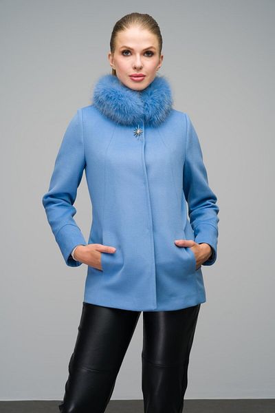 Olcay BLUE 3053-TK - Palton scurt de cașmir cu blană detașabilă și detaliu broșă