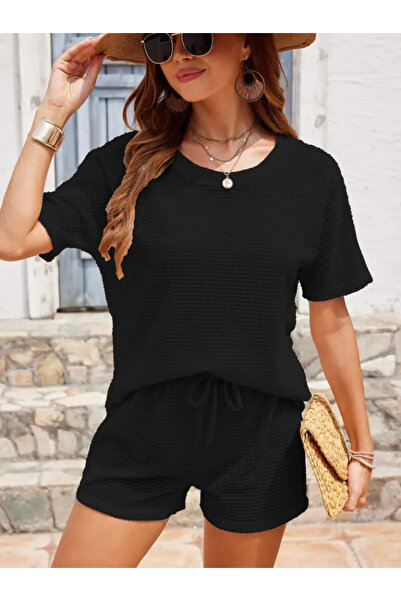 Kokosh moda Women's Short Sleeve Crew Neck Bottom and Top Waffle Double Set