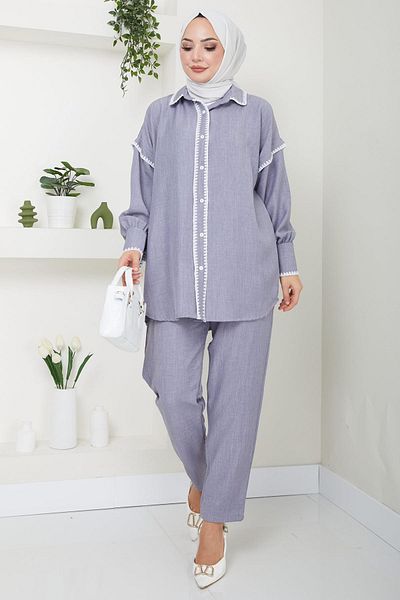 hafsamina Gray Embroidered Double Set - HM2491