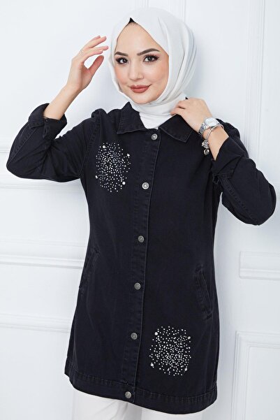 hafsamina Πέτρινο εμπριμέ τζιν μπουφάν μαύρο HM2377