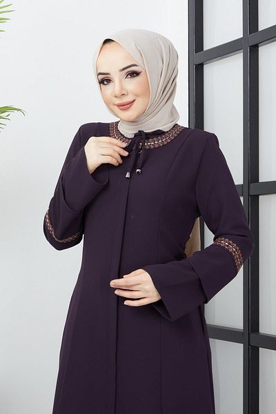 hafsamina Plus Size Embroidered Plum Ferace - Detailed HM22032