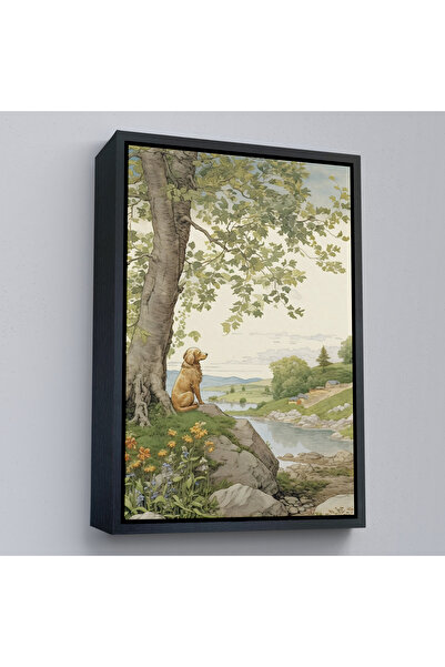 Oxyteez Ζωγραφική με μοναχικό σκύλο που παρακολουθεί το τοπίο με ξύλινο πλαίσ...