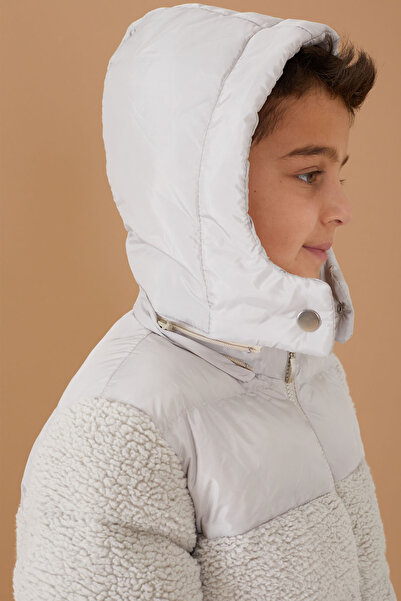 Cansın Mini Gray Hooded Lined Boy's Plush Coat 19323