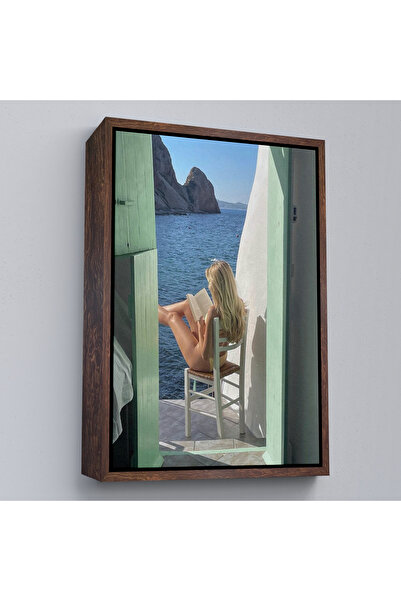 N NOXXO Femeie care citește o carte într-o casă pe plajă cu cadru de lemn Tablo-7777