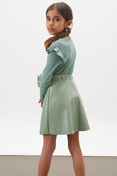 Cansın Mini Green Heart Printed Sequined Badi Girl's Leather Skirt Suit 18026