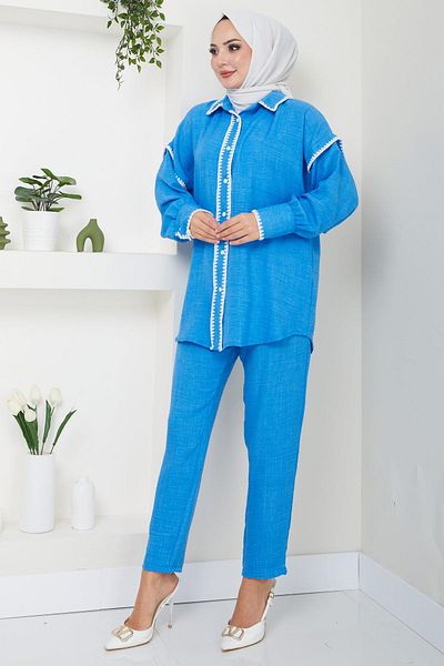 hafsamina Blue Embroidered Double Suit - HM2491