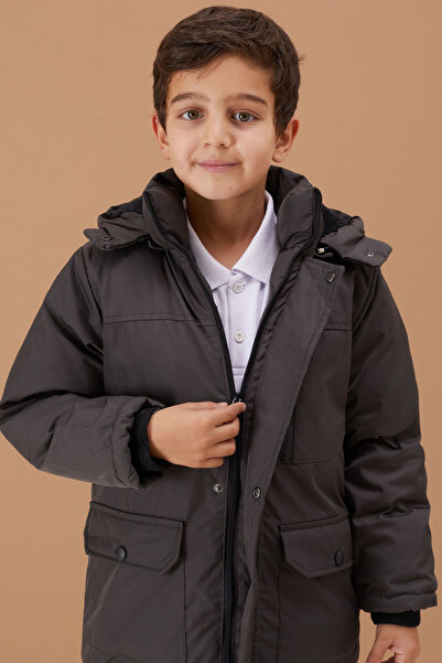 Cansın Mini Boy's Coat - Smoked, Furry Hood, Zipper Detail, Chest Pocket - 19098