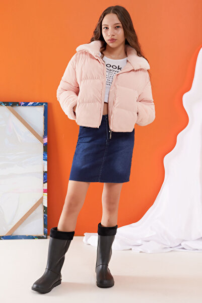 Cansın Mini Somon Dik Yaka Kolu Kürk Detaylı Kız Çocuk Şişme Mont 19504