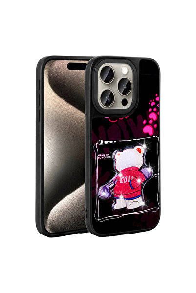 zore حافظة هاتف آيفون 15 برو ماكس من السيليكون مع شكل أيقوني منقوش لامع - أسود