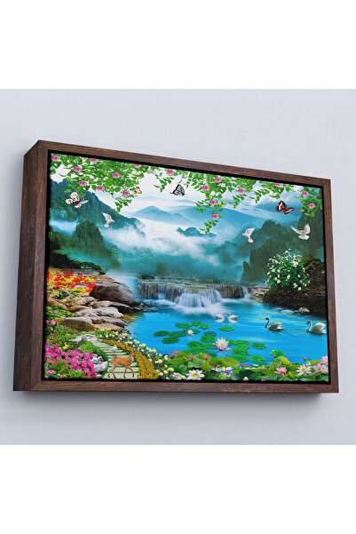 Home Rama din lemn cu flori colorate si peisaj cascadă Tablo-7197