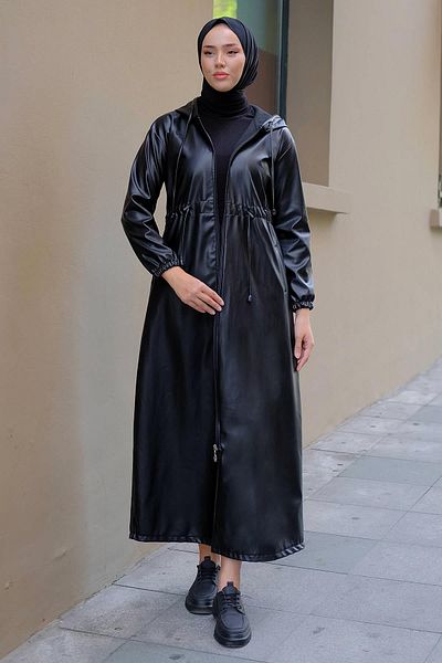 hafsamina Δέσιμο Faux Leather Trench Coat Μαύρο HM2279