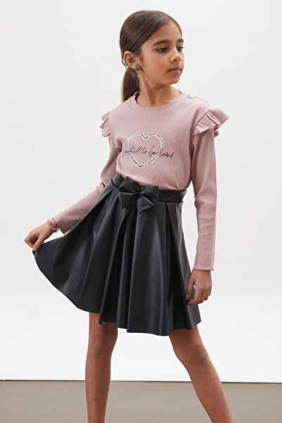 Cansın Mini Pink Heart Printed Sequined Badi Girl's Leather Skirt Suit 18025