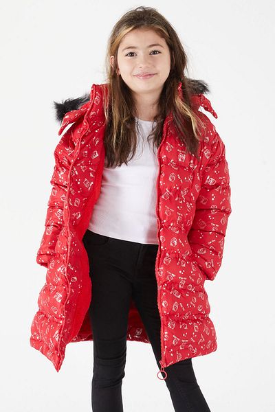 Cansın Mini Girl's Character Printed Puffer Coat Red 15549