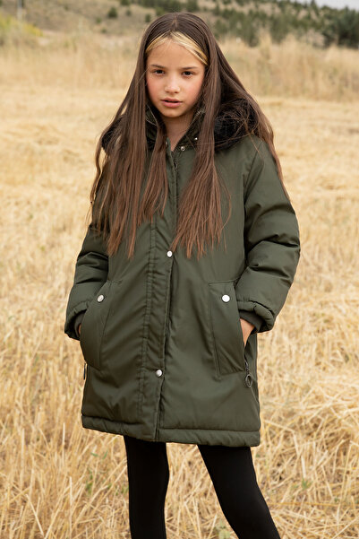 Cansın Mini Haki Kürklü İçi Astarlı Çıkarılabilir Kapüşonlu Kız Çocuk Mont 19054
