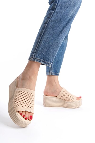 Moda Değirmeni Women's Knitwear Wedge Heeled Slippers - Tan