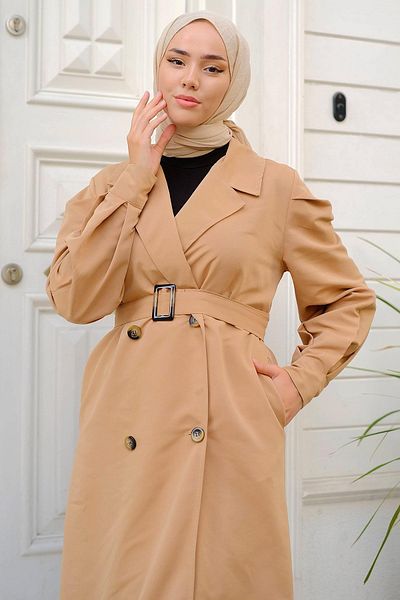 hafsamina Sleeve Pleated Trench Coat Camel HM2260