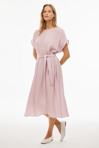 Perspective Comfortable Midi Dress - Crew Neck, Dusty Rose Color