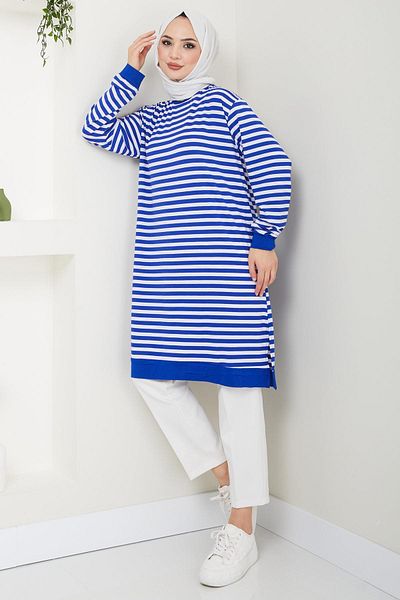 hafsamina Blue Striped Combed Cotton Tunic - Hm2418