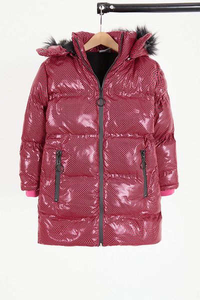 Cansın Mini Girl's Hexagon Patterned Claret Red Puffer Coat 16272