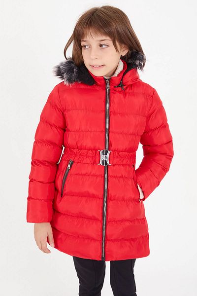 Cansın Mini Girl's Belted Puffer Coat Red 16356