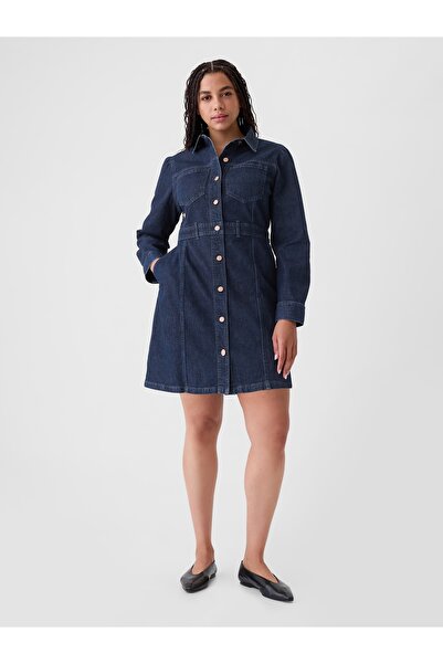 GAP Kadın Lacivert Balon Kol Denim Mini Elbise