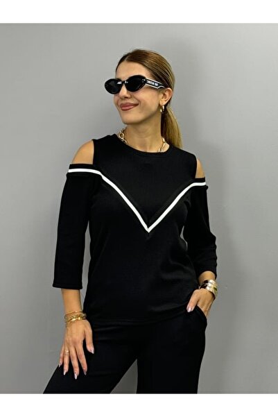 Nnstartshopping Women's Imported Twist Fabric Long Sleeve Shoulder Low-Cut Blouse and Trousers Double Set