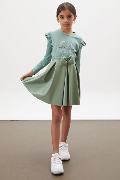 Cansın Mini Green Heart Printed Sequined Badi Girl's Leather Skirt Suit 18026