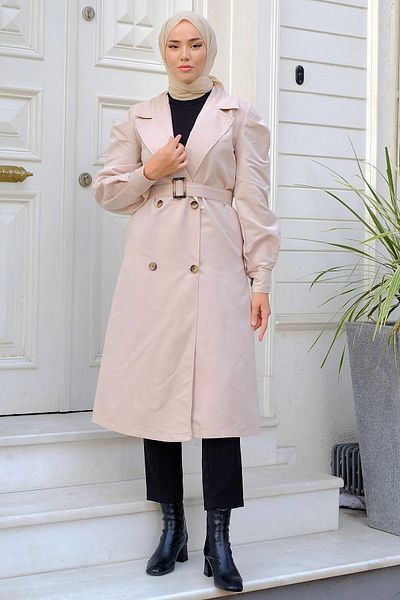 hafsamina Sleeve Pleated Trench Coat Stone HM2260