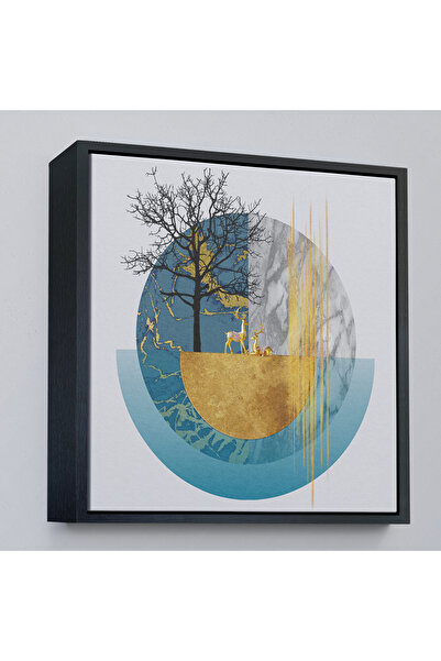Oxyteez Pictură cu geometrie abstractă cu copac și cerb cu cadru din lemn-8309