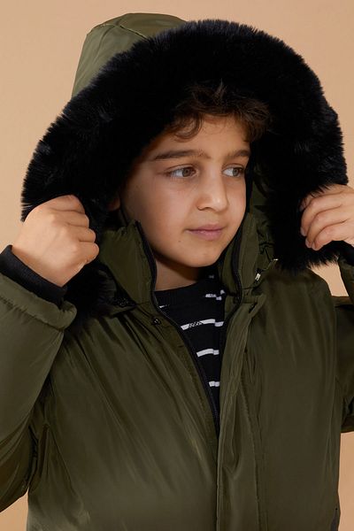Cansın Mini Boy's Hooded Coat - Khaki, Furry Sleeve and Pocket Detail, 19059