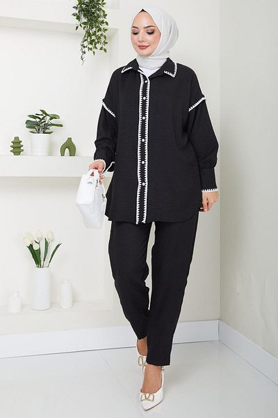 hafsamina Black Embroidered Double Suit - HM2491