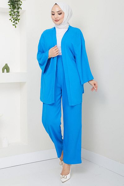 hafsamina Blue Kimono and Trousers Set - HM2434