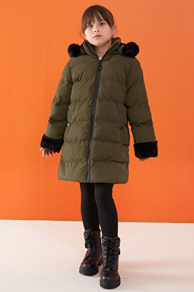 Cansın Mini Haki Kolu Kürk Detaylı Kapüşonlu Kız Çocuk Şişme Mont 19514
