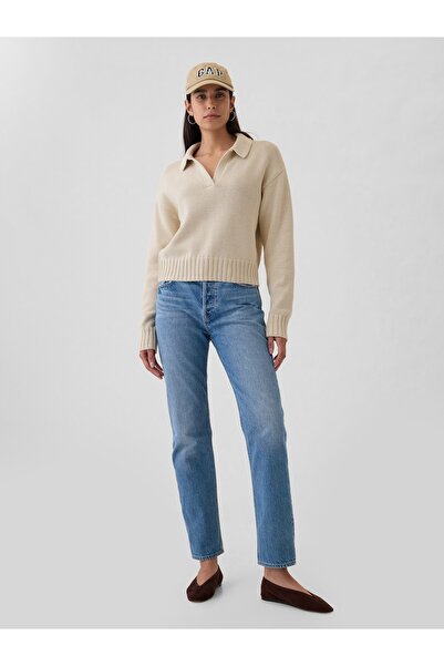 GAP Kadın Kırık Beyaz Polo Yaka Crop Kazak