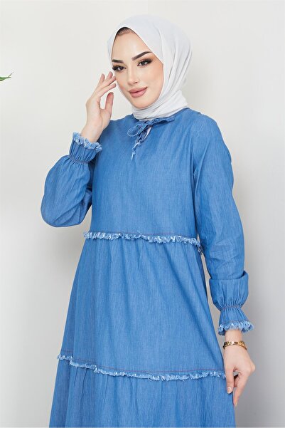 hafsamina Δαντελένιο μπροστινό τζιν φόρεμα γαλάζιο