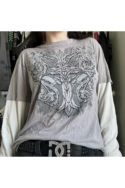 Köstebek Renaissance Cross Cyber ​​​​Grunge - сив винтидж суитчър с тънък бял ръкав
