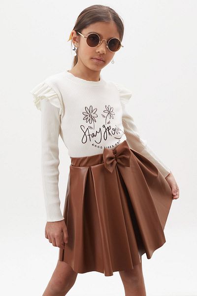 Cansın Mini Ecru Floral Printed Girl's Suit with Badi Leather Skirt 18008