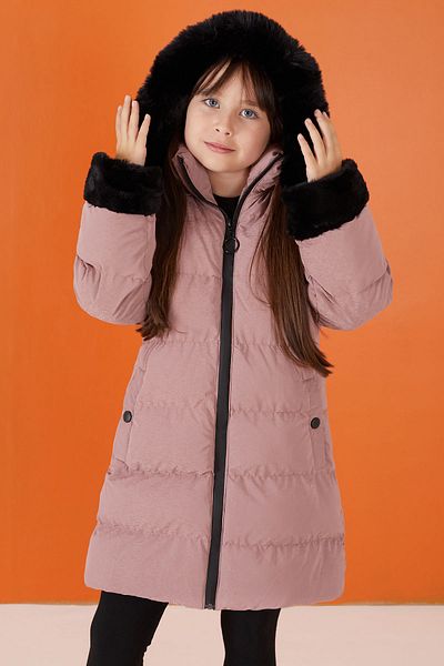 Cansın Mini Girl's Fur Detailed Pink Puffer Jacket with Hood - 19511