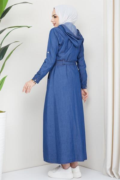 hafsamina Τζιν φόρεμα με ζώνη με κουμπιά σκούρο μπλε