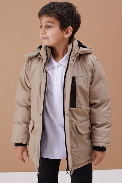 Cansın Mini Boy's Coat - Cream Fur, Hood, Zipper and Chest Pocket 19099