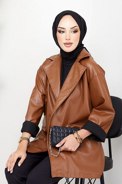 hafsamina Δερμάτινο μπουφάν Oversize Καφέ HM2338
