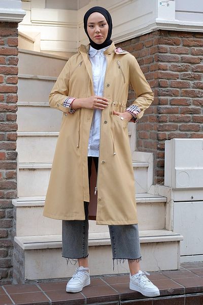 hafsamina Zippered and Tied Trench Coat Beige HM2261