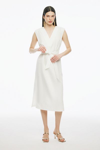 Perspective Rochie midi Blannes cu decolteu în V Ecru - Mânecă scăzută Regular Fit